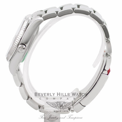 Rolex Oyster Perpetual Date 34mm 18k White Gold Fluted Bezel Black Dial 115234 - Beverly Hills Watch Company Watch Store