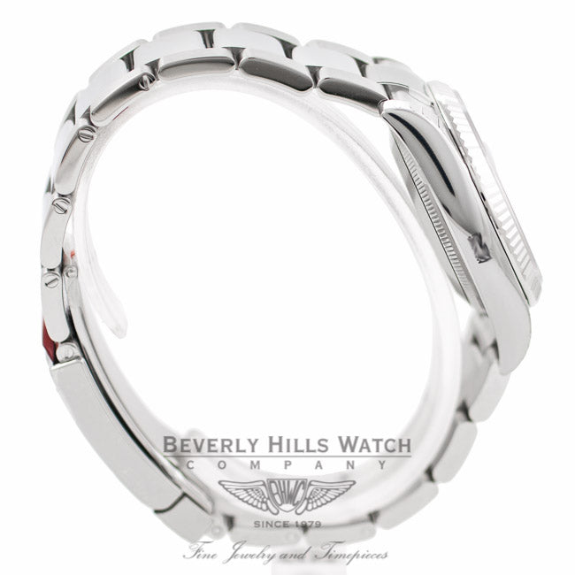 Rolex Oyster Perpetual Date 34mm 18k White Gold Fluted Bezel Black Dial 115234 - Beverly Hills Watch Company Watch Store