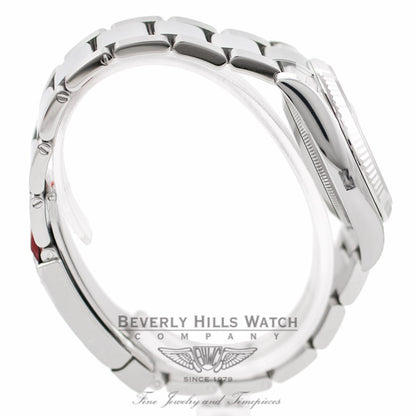Rolex Oyster Perpetual Date 34mm 18k White Gold Fluted Bezel Black Dial 115234 - Beverly Hills Watch Company Watch Store