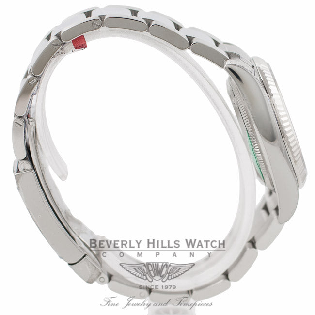 Rolex Date 34MM Stainless Steel 18k White Gold Fluted Bezel Silver Diamond Dial 115234 2Q16RX - Beverly Hills Watch Company Watch Store