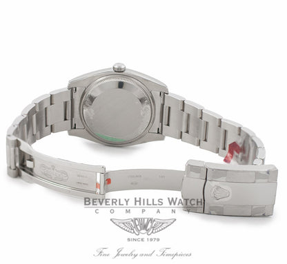 Rolex Date 34MM Stainless Steel 18k White Gold Fluted Bezel Silver Diamond Dial 115234 2Q16RX - Beverly Hills Watch Company Watch Store