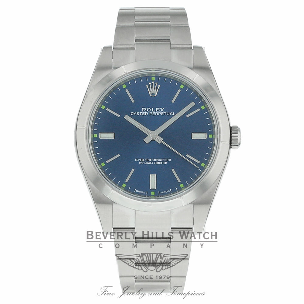 Rolex Oyster Perpetual 39mm Stainless Steel Blue Dial Index Markings Bracelet 114300 LX80NN - Beverly Hills Watch Company
