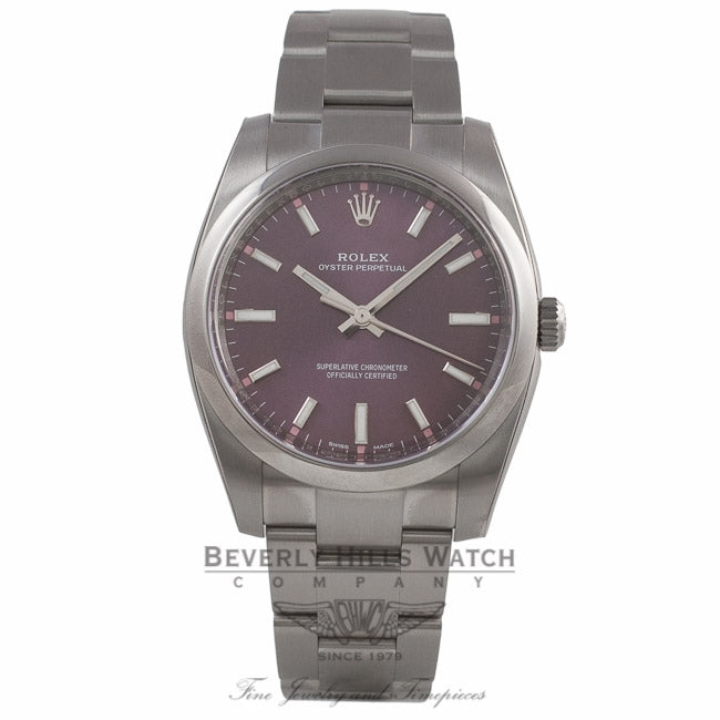 Rolex Oyster Perpetual 34mm Stainless Steel Red Grape Dial Index Markings Bracelet 114200 L921K9 - Beverly Hills Watch Company Watch Store