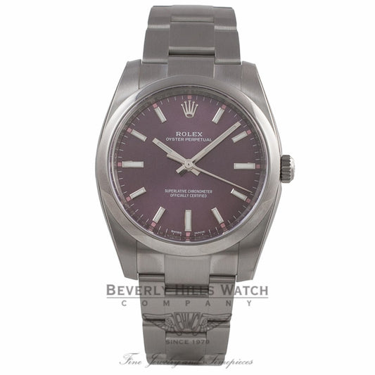 Rolex Oyster Perpetual 34mm Stainless Steel Red Grape Dial Index Markings Bracelet 114200 L921K9 - Beverly Hills Watch Company Watch Store