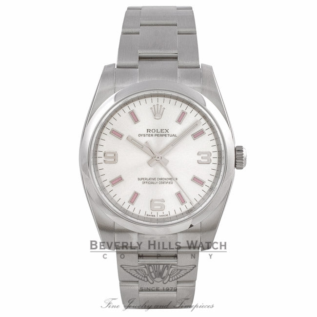 Rolex Air-King Watch, Domed Bezel, Silver Dial/Pink Index 114200 JXK1DQ  - Beverly Hills Watch Company Watch Store