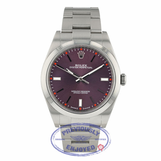 Rolex Oyster Perpetual 39mm Stainless Steel Red Grape Dial Index Markings Bracelet 114300 8HTE0E - Beverly Hills Watch Company