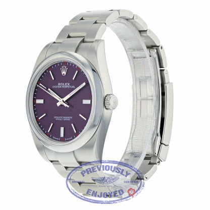 Rolex Oyster Perpetual 39mm Stainless Steel Red Grape Dial Index Markings Bracelet 114300 8HTE0E - Beverly Hills Watch Company