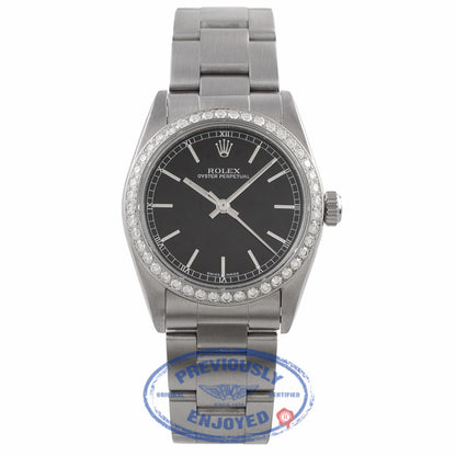 Rolex Stainless Steel Oyster Perpetual 34MM Black Dial Diamond Bezel 77080 - RU854M - Beverly Hills Watch Company Watch Store