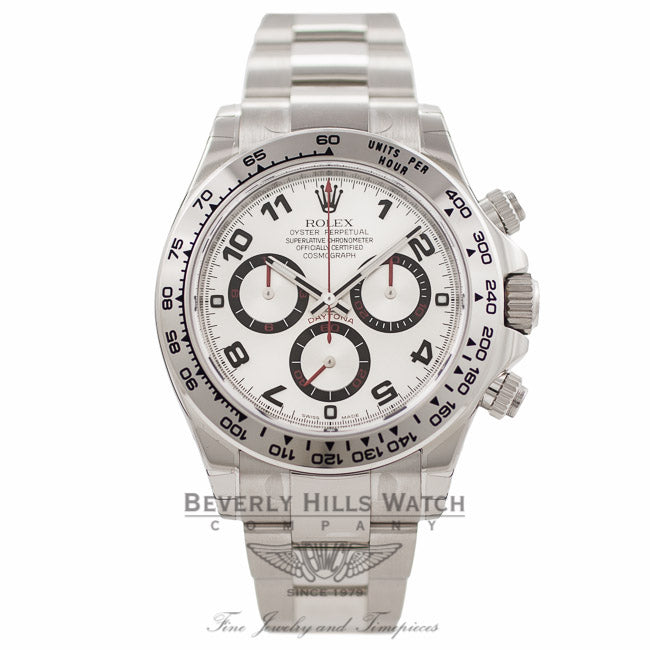 Rolex Daytona Chronograph 18K White Gold Oyster Bracelet Silver Arabic Dial Watch 116509 - Beverly Hills Watch Company Watch Store