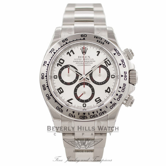 Rolex Daytona Chronograph 18K White Gold Oyster Bracelet Silver Arabic Dial Watch 116509 - Beverly Hills Watch Company Watch Store