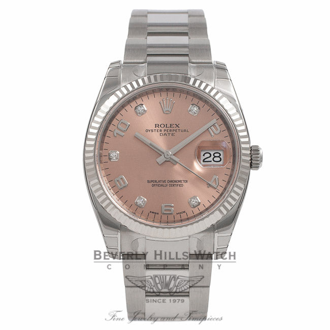 Rolex Date Oyster Perpetual 34MM 14K White Gold Fluted Bezel 115234 K9QZ8U - Beverly Hills Watch Company Watch Store