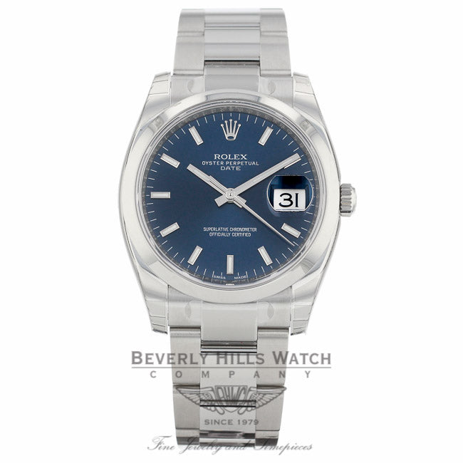 Rolex Date 34mm Stainless Steel Oyster Bracelet Domed Bezel Blue Stick Dial Watch 115200 K2YKK8 - Beverly Hills Watch Company