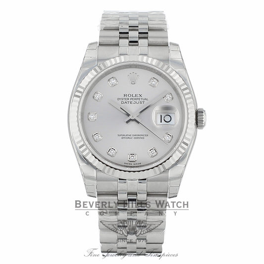 Rolex Datejust 36mm Stainless Steel White Gold Fluted Bezel Silver Diamond Dial 116234SDJ 0AXAPF - Beverly Hills Watch