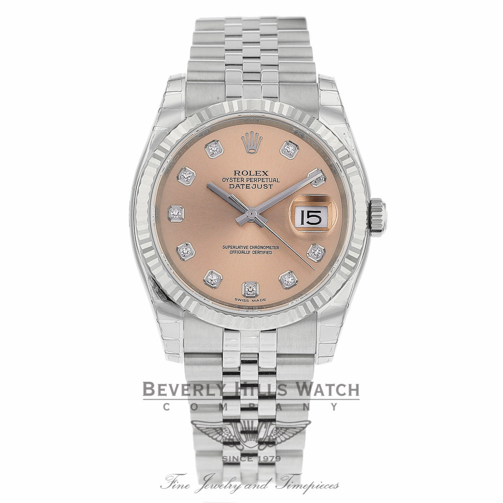 Rolex Datejust 36mm Stainless Steel White Gold Fluted Bezel Pink Diamond Dial 116234 21EFD5 - Beverly Hills Watch
