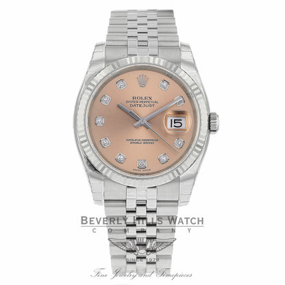 Rolex Datejust 36mm Stainless Steel White Gold Fluted Bezel Pink Diamond Dial 116234 21EFD5 - Beverly Hills Watch