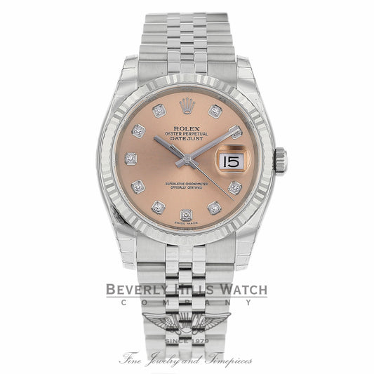 Rolex Datejust 36mm Stainless Steel White Gold Fluted Bezel Pink Diamond Dial 116234 21EFD5 - Beverly Hills Watch