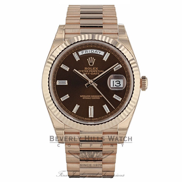 Rolex Day-Date 40mm Everose Chocolate Dial Diamond Baguette President Bracelet 228235 7LZNK6 - Beverly Hills Watch Company