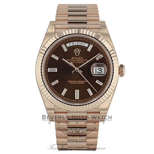 Rolex Day-Date 40mm Everose Chocolate Dial Diamond Baguette President Bracelet 228235 7LZNK6 - Beverly Hills Watch Company