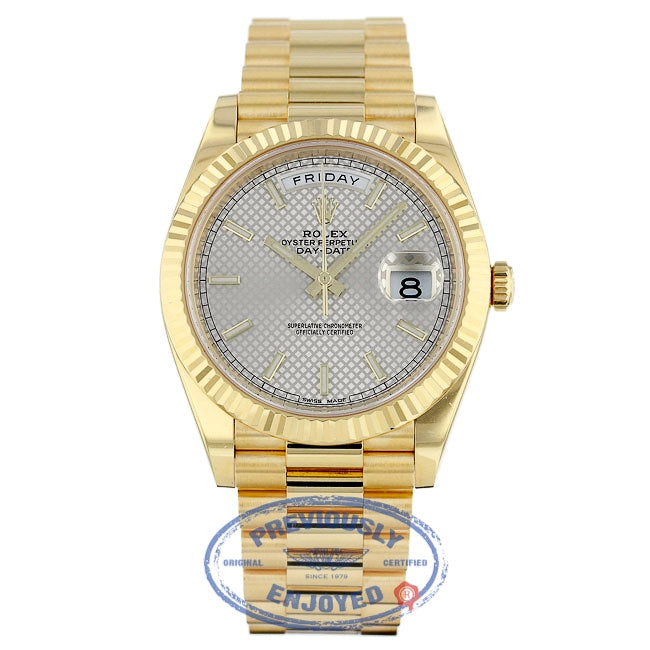 Rolex Day-Date President 40MM Yellow Gold Fluted Bezel Silver Motif Dial 228238 0MDXKL - Beverly Hills Watch Company