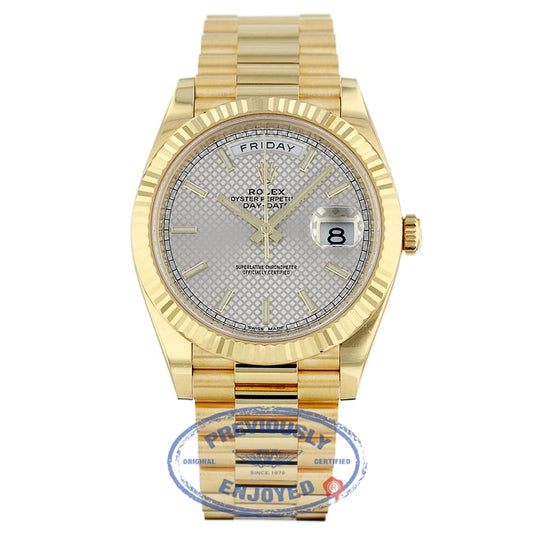 Rolex Day-Date President 40MM Yellow Gold Fluted Bezel Silver Motif Dial 228238 0MDXKL - Beverly Hills Watch Company
