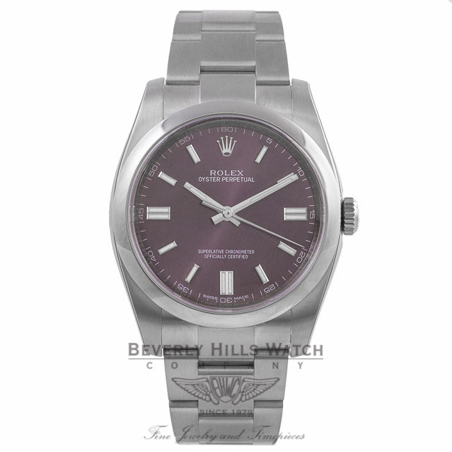 Rolex Oyster Perpetual 36mm Stainless Steel Red Grape Dial Index Markings Bracelet 116000 DCTF9Z - Beverly Hills Watch Company