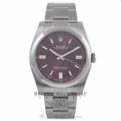 Rolex Oyster Perpetual 36mm Stainless Steel Red Grape Dial Index Markings Bracelet 116000 DCTF9Z - Beverly Hills Watch Company