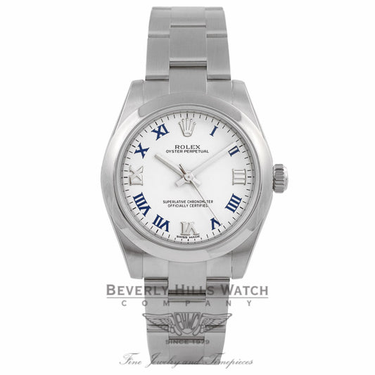 Rolex Oyster Perpetual No-Date 31MM Stainless Steel White Lacquer Dial Blue Roman Markers 177200 JPZWK2 - Beverly Hills Watch Company Watch Store