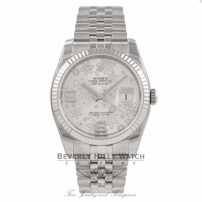 Rolex DateJust Silver Floral Motif Dial 18k White Gold Fluted Bezel 116234 - Bervely Hills Watch Company Watch Store