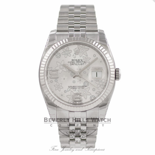 Rolex DateJust Silver Floral Motif Dial 18k White Gold Fluted Bezel 116234 - Bervely Hills Watch Company Watch Store