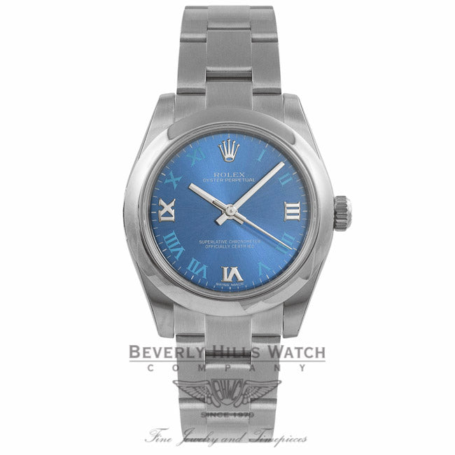 Rolex Oyster Perpetual No-Date 31MM Stainless Steel Azzuro Blue Dial Blue Roman Markers 177200 MDTU2Y - Beverly Hills Watch Company Watch Store