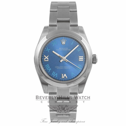 Rolex Oyster Perpetual No-Date 31MM Stainless Steel Azzuro Blue Dial Blue Roman Markers 177200 MDTU2Y - Beverly Hills Watch Company Watch Store