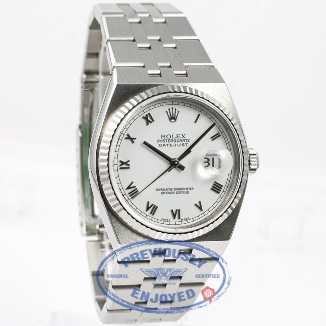 Rolex OysterQuartz 36mm Stainless Steel Bracelet Fluted Bezel White Roman Dial Watch 17014A Beverly Hills Watch Store