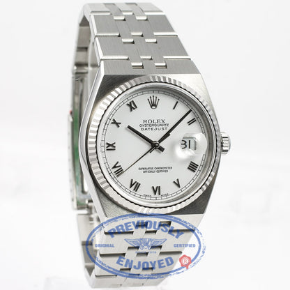 Rolex OysterQuartz 36mm Stainless Steel Bracelet Fluted Bezel White Roman Dial Watch 17014A Beverly Hills Watch Store