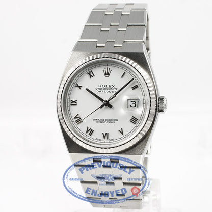 Rolex OysterQuartz 36mm Stainless Steel Bracelet Fluted Bezel White Roman Dial Watch 17014A Beverly Hills Watch Store