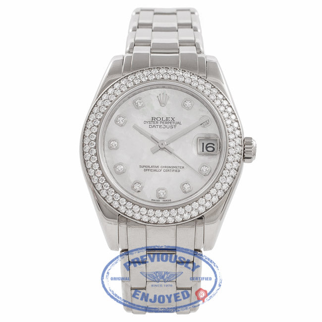 Rolex Pearlmaster Datejust 34mm White Gold Bracelet Mother of Pearl Diamond Dial Diamond Bezel Automatic Ladies Watch 81339 Beverly Hills Watch Company Watch Store