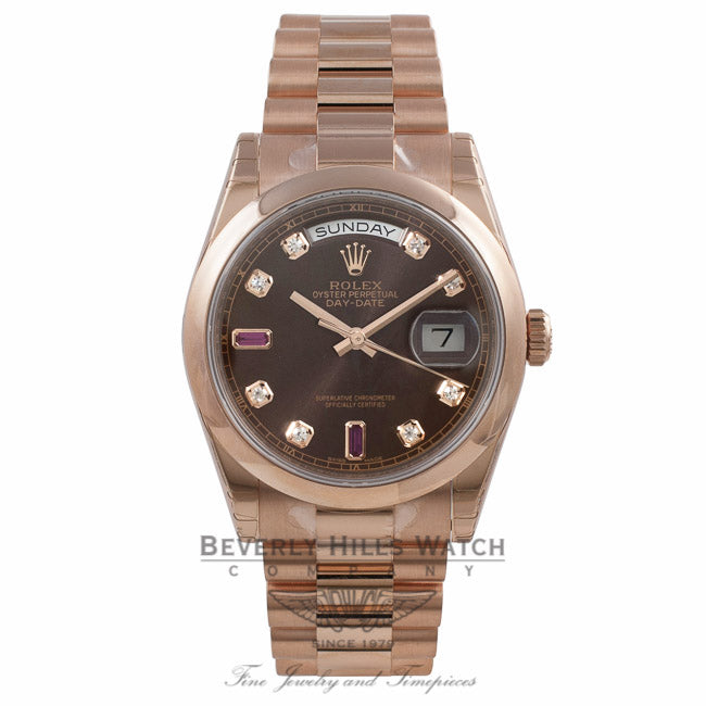Rolex Day-Date 36mm Rose Gold President Bracelet Bronze Diamond/Ruby Dial 118205 T1T3EQ - Beverly Hills Watch Company Watch Store