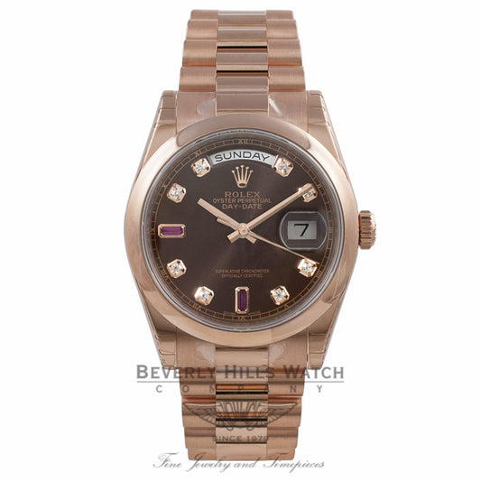 Rolex Day-Date 36mm Rose Gold President Bracelet Bronze Diamond/Ruby Dial 118205 T1T3EQ - Beverly Hills Watch Company Watch Store