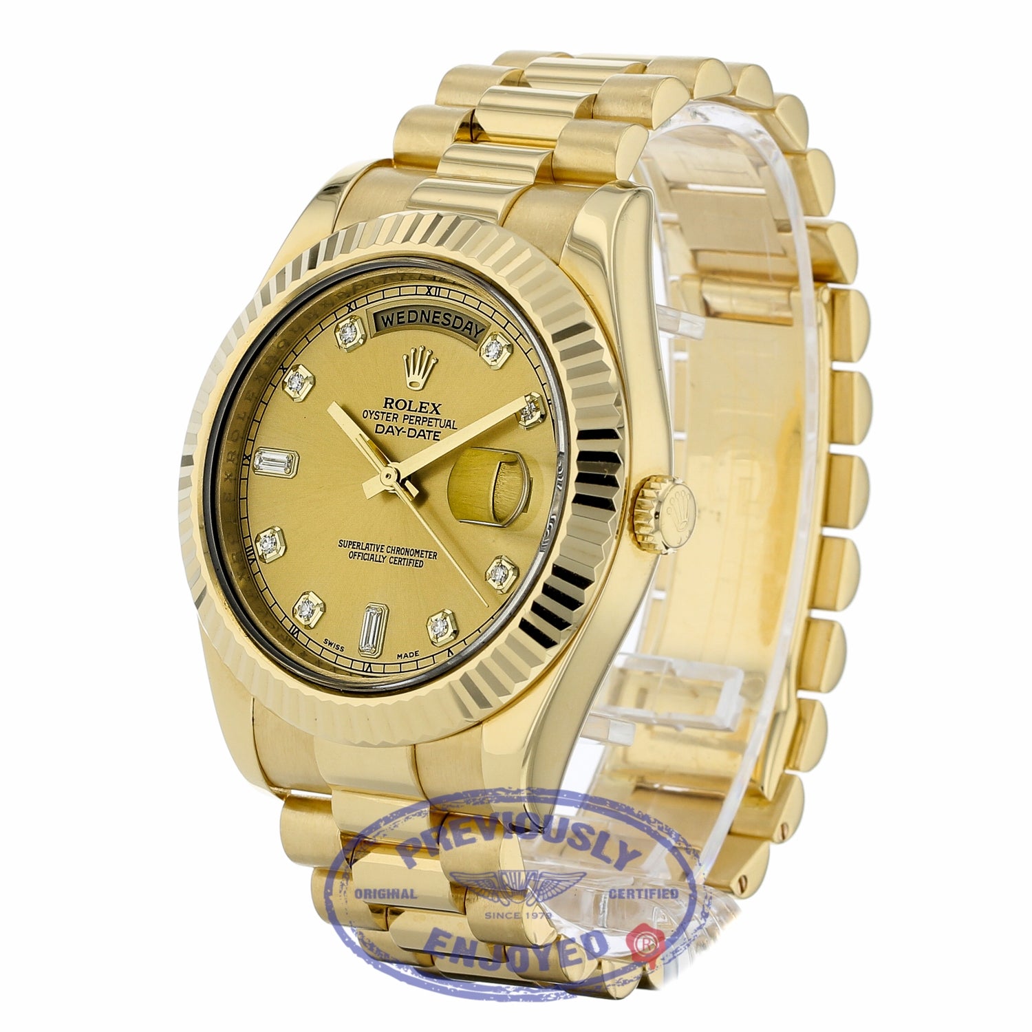 Rolex Day Date II 41mm 18K Yellow Gold Champagne Diamond Dial Fluted Bezel 218238 W17APQ - Beverly Hills Watch Company