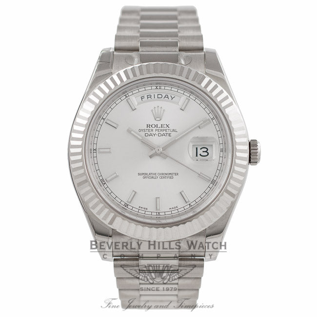 Rolex Day-Date II 18K White Gold Silver Dial Fluted Bezel President 218239 V9QKZP - Beverly Hills Watch Company Watch Store