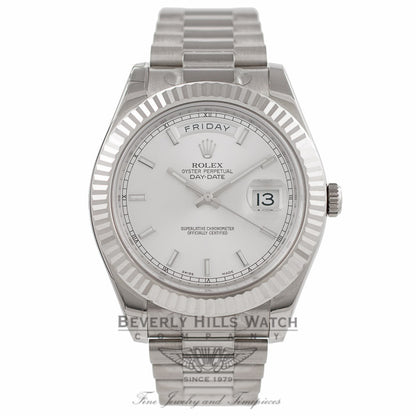 Rolex Day-Date II 18K White Gold Silver Dial Fluted Bezel President 218239 V9QKZP - Beverly Hills Watch Company Watch Store