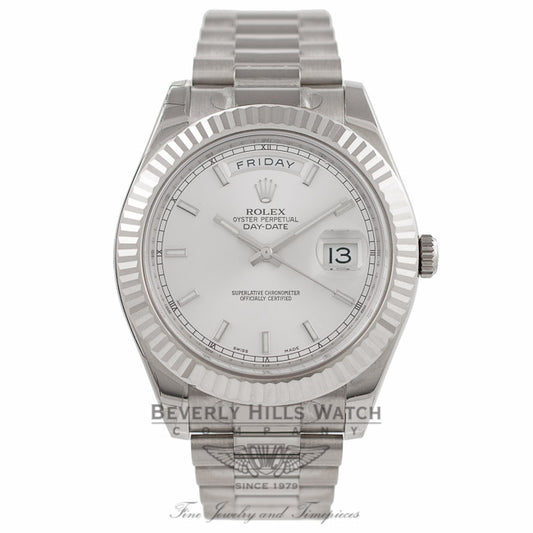 Rolex Day-Date II 18K White Gold Silver Dial Fluted Bezel President 218239 V9QKZP - Beverly Hills Watch Company Watch Store