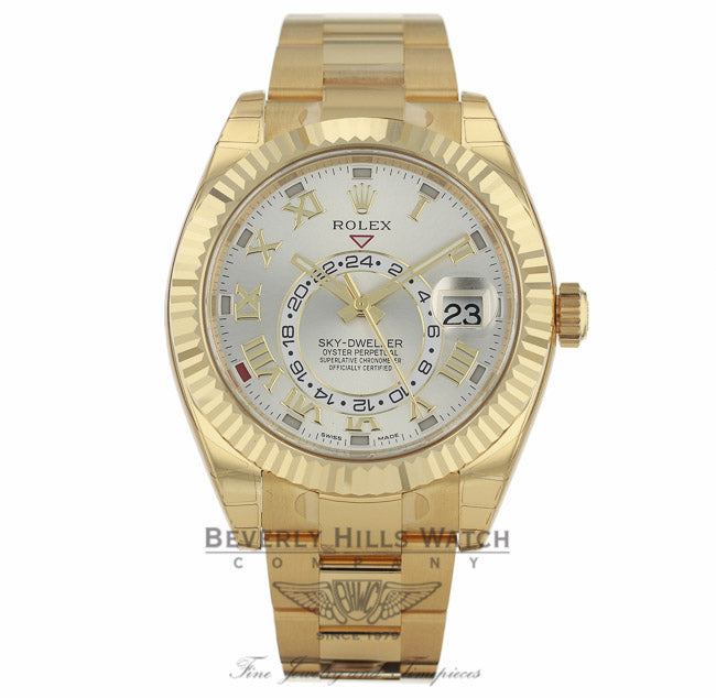 Rolex Sky-Dweller Yellow Gold Dual Time Annual Calendar Silver Dial 326938 1EW1VY - Beverly Hills Watch Company