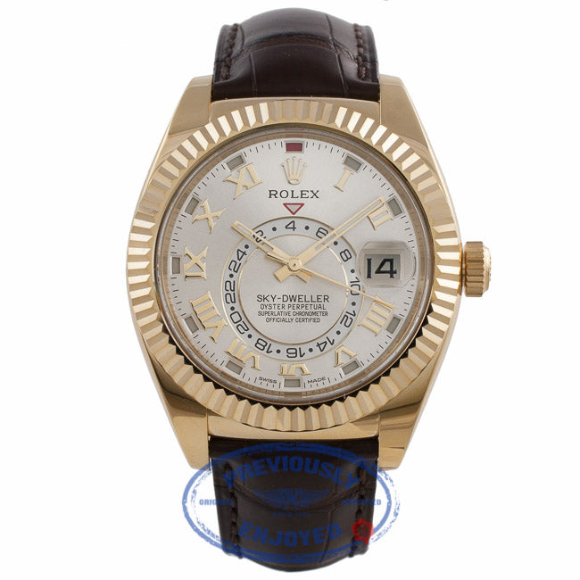 Rolex Sky Dweller Silver Dial 18k Yellow Gold Brown Leather Strap 326138 RM53HR - Beverly Hills Watch Company Watch Store