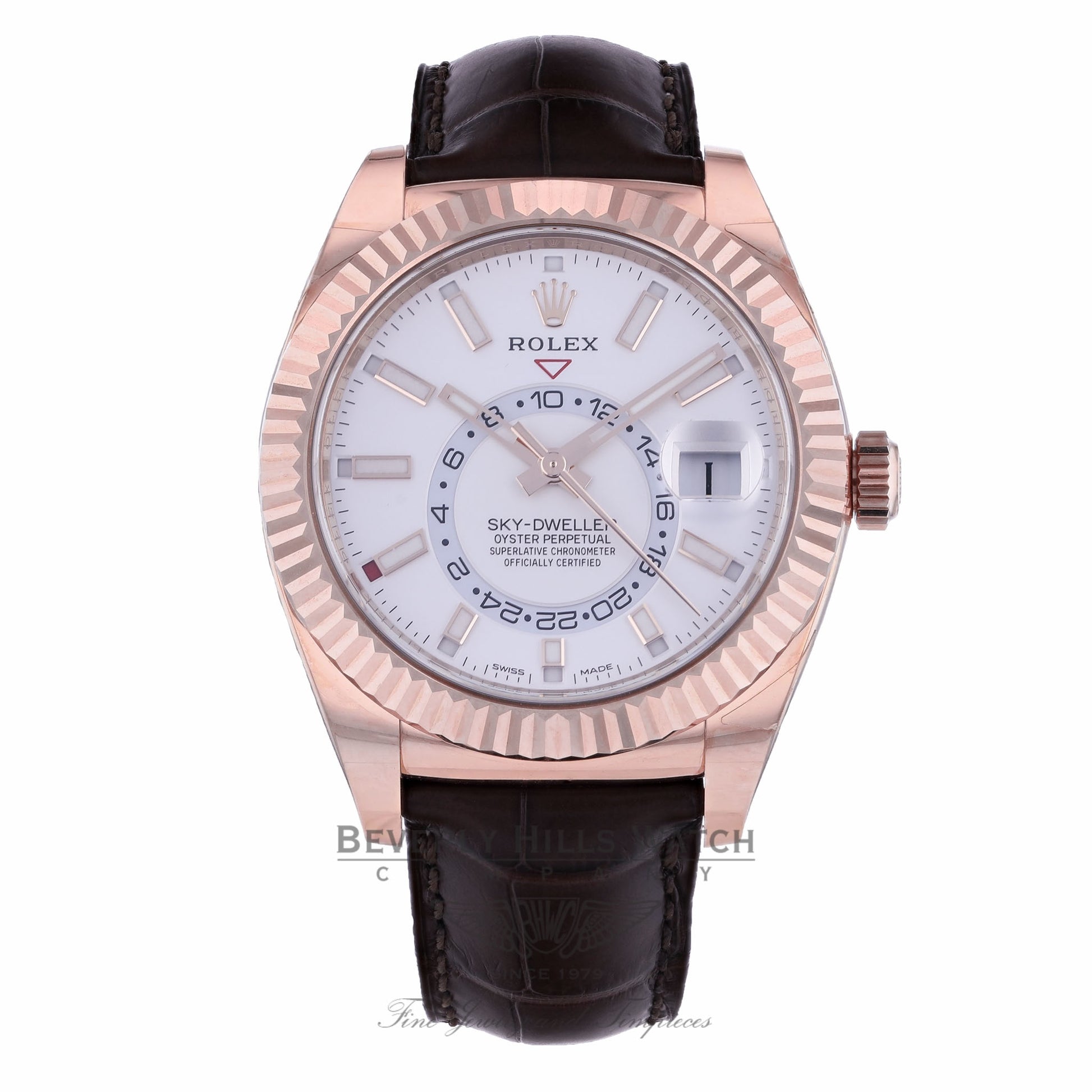 Rolex Sky-Dweller 18K Everose 42mm White-Stick Dial Leather Strap Watch 326135 XLKT4N - Beverly Hills Watch Company