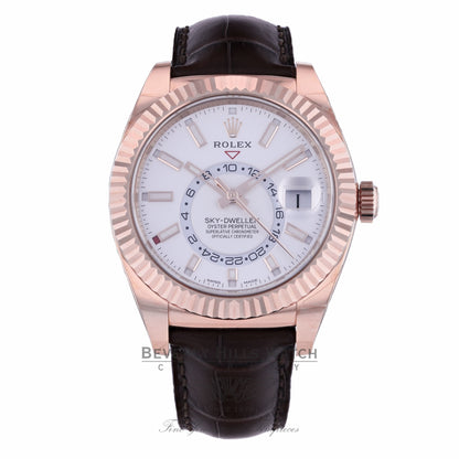 Rolex Sky-Dweller 18K Everose 42mm White-Stick Dial Leather Strap Watch 326135 XLKT4N - Beverly Hills Watch Company