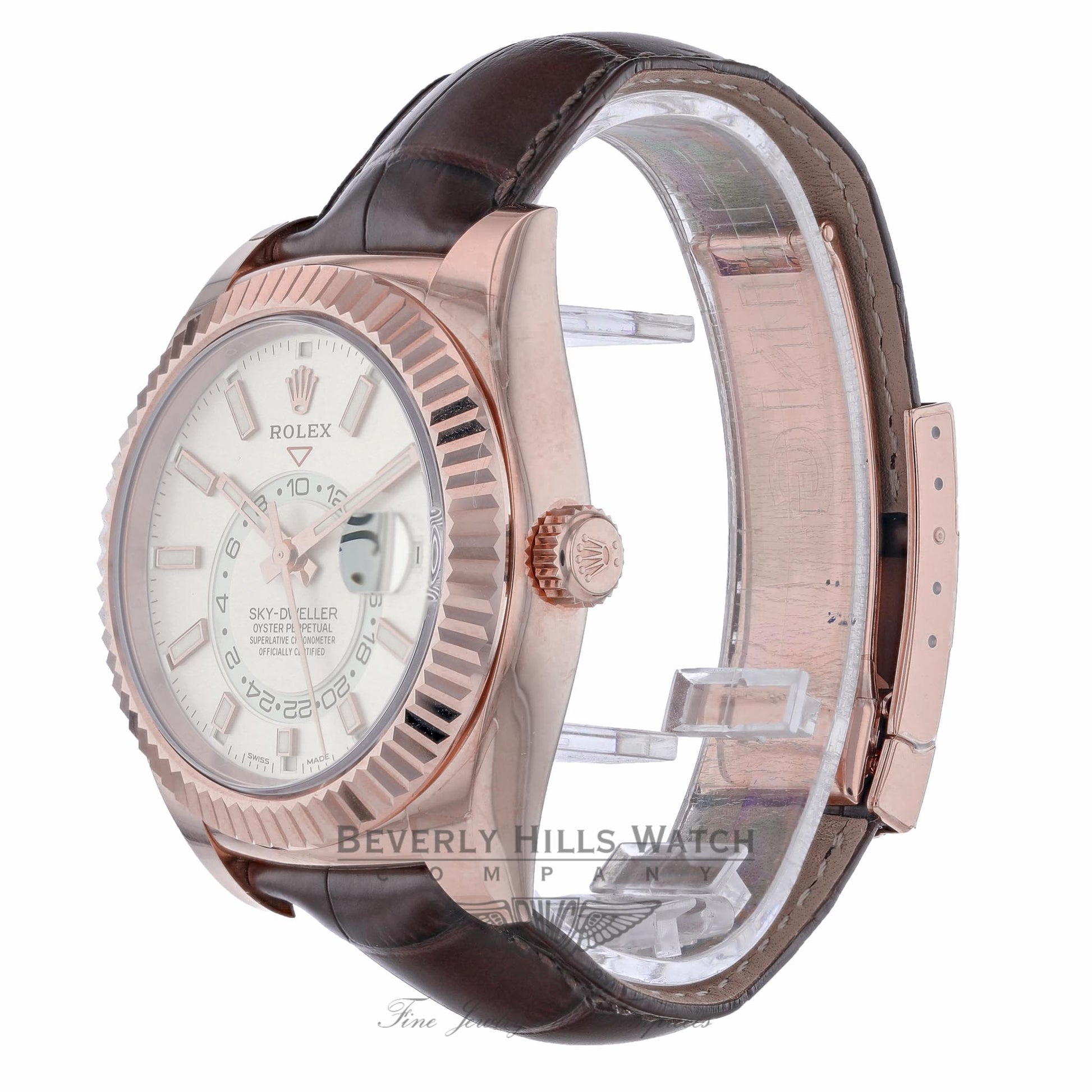 Rolex Sky-Dweller 18K Everose 42mm White-Stick Dial Leather Strap Watch 326135 XLKT4N - Beverly Hills Watch Company