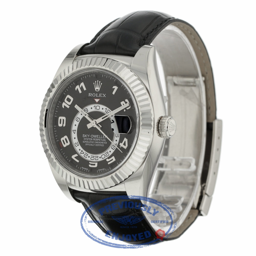 Rolex Sky Dweller Black Dial 18k White Gold Fluted Bezel Black Leather Strap 326139 TWVAC7 - Beverly Hills Watch Company