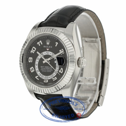 Rolex Sky Dweller Black Dial 18k White Gold Fluted Bezel Black Leather Strap 326139 TWVAC7 - Beverly Hills Watch Company