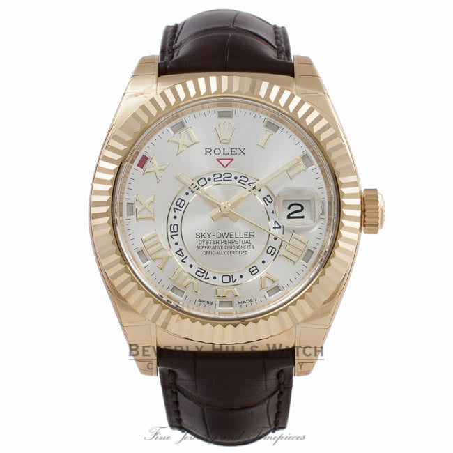 Rolex Sky Dweller Silver Dial 18k Yellow Gold Brown Leather Strap 326138 JRAPV7 - Beverly Hills Watch Company Watch Store