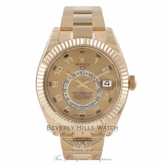 Rolex Sky-Dweller Yellow Gold Dual Time Annual Calendar Champagne Dial 326938 2L7FFE - Beverly Hills Watch Store